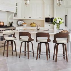 Set Of 4 LUE BONA Light Beige Gray/Faux leather 26-in H Counter height Upholstered Swivel Wood Bar Stool