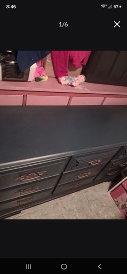 Dark Blue Painted Wood Dresser with Brass Handles