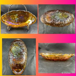 Vtg  Indiana Glass Amber Marigold Carnival Glass Lily Pons Handled Pickle Dish