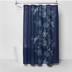 Threshold Fabric Shower Curtain Navy Blue Floral 100% Cotton