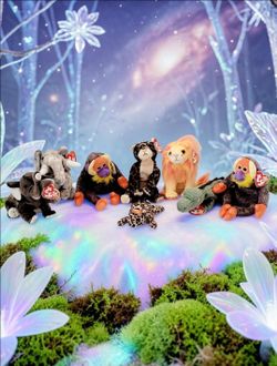 (Lot Of 8) Ty Beanie Baby/Bushy/BananasX2/Swampy/Sneaky/Bahati/Trumpet/Freckles/ All with tags. The character in the selected region is Bushy the Lion