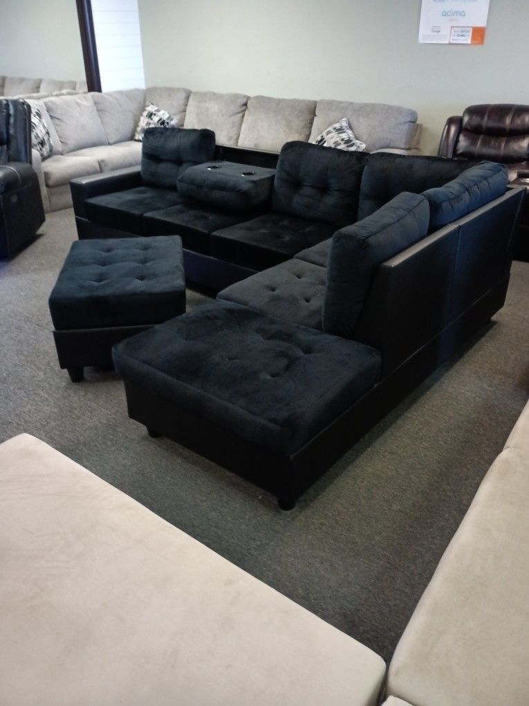 New Nine Heights Black Velvet Sectional With Storage Ottoman And Free Delivery