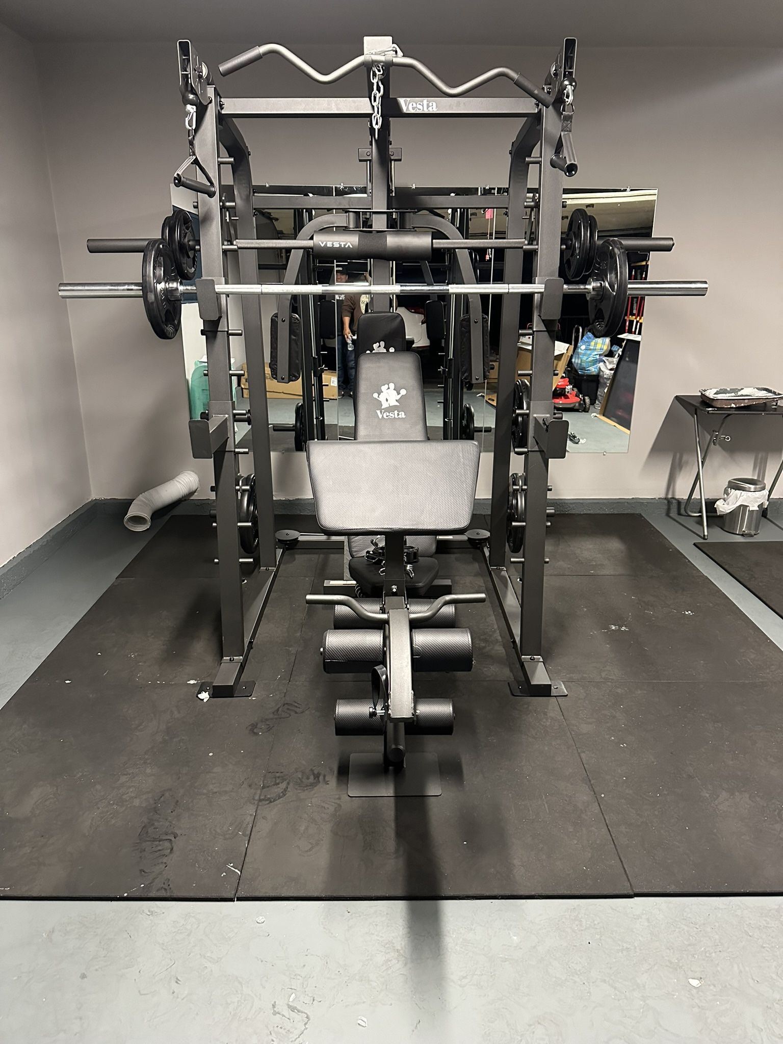 Vesta Fitness Smith Machine 2001 w/Bench Attachment | 230lb Bumpers Weights | 7ft Olympic Bar | Fitness | Gym Equipment | FREE DELIVERY🚚 