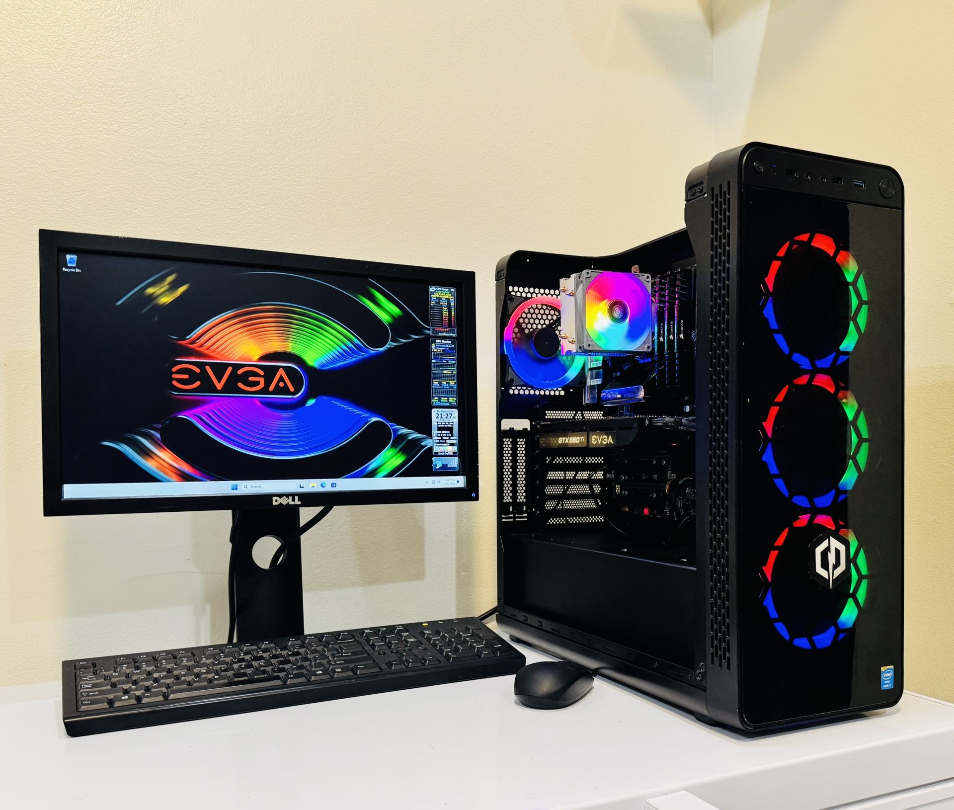 NEW EVGA Starter Gaming PC 8 Core I7 CPU @3,2 GHz. NVIDIA GTX 560TI. 128GB SSD /1T HDD, 12G RAM. WIFI. USB 3. 650W PSU. 20” Monit/Keyb,Mouse. Win11Pro