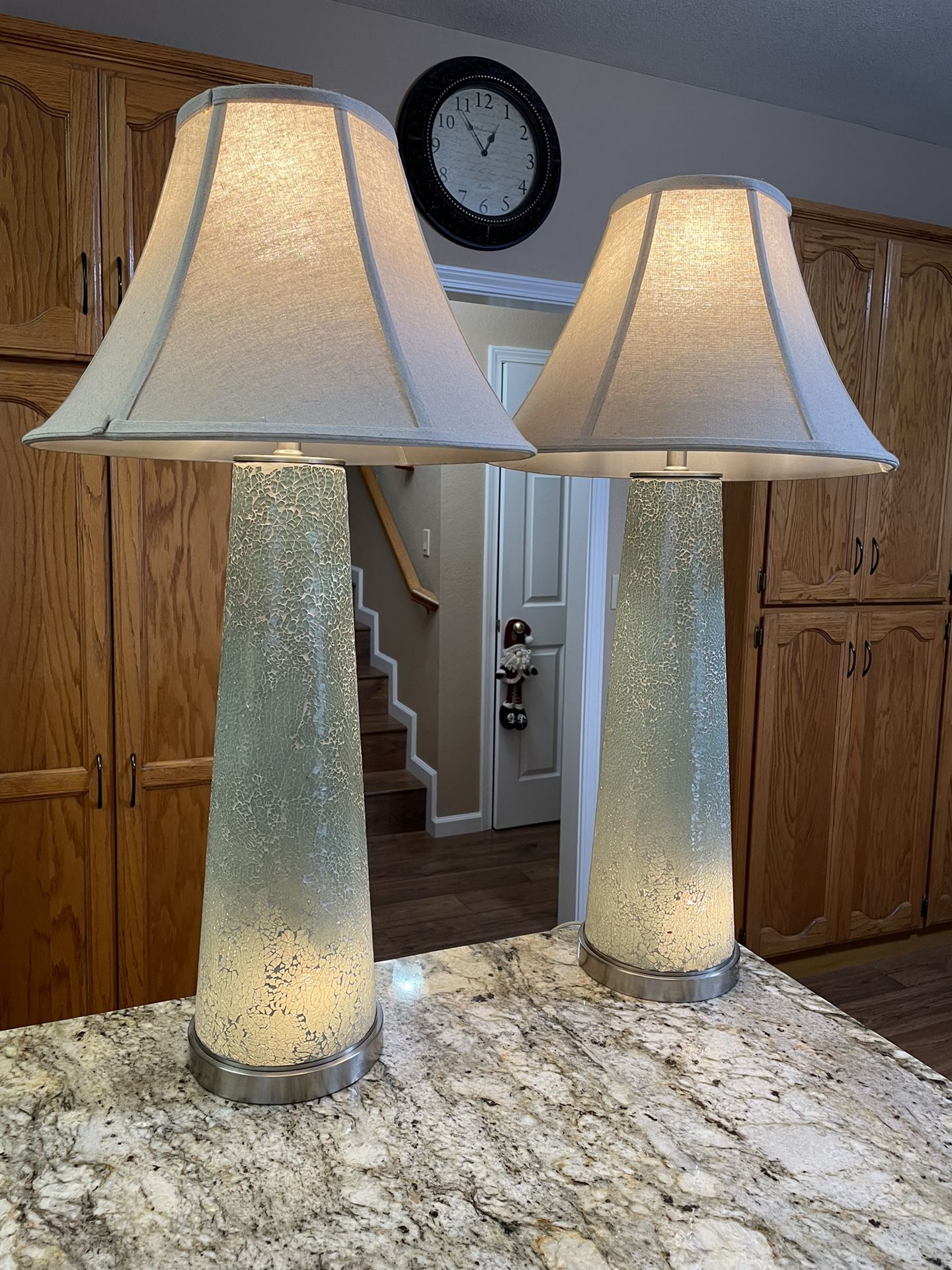 Set Of 2 Glass And Fabric Shade Table Lamp, Aqua-Cream 34”