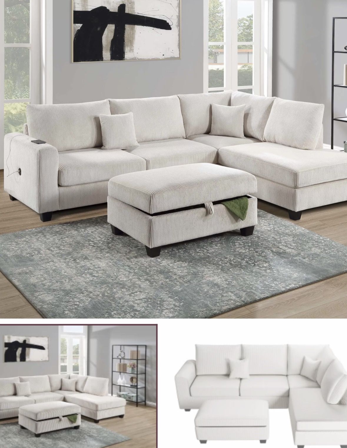 Sectional SofaChaise With Ottoman Storage USB Available I Ivory, Gray,Dark Corduroy,Gray,Black 106"X76"