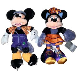 Disneystore Halloween 2019 18" Werewolf Mickey Mouse and Cat Minnie Mouse Plush with tags