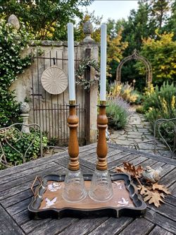 Set Of Vintage hand-turned wooden candlestick holders crafted warm-toned Wood