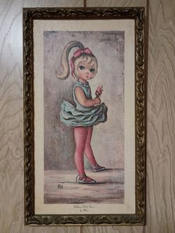 Mid Century Vintage Framed Jean MAIO Big Eyed Girl Ballerina Print Kitsch