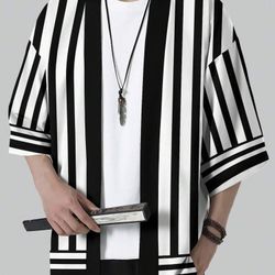 Men’s Black White Striped Kimono Jacket Size L