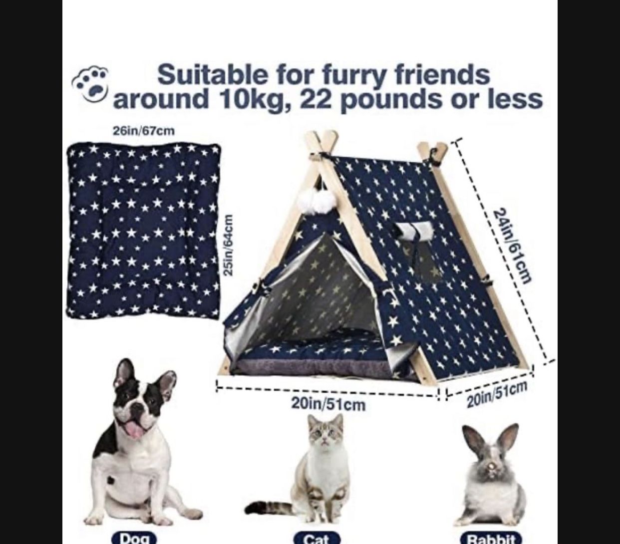 Pet Teepee Cat Tents for Indoor Cats & Dogs, 24 Inch Portable Indoor Dog House with Thick Cushion & DIY Plaque, Washable Cat Teepee, Dog Teepee Bed, D