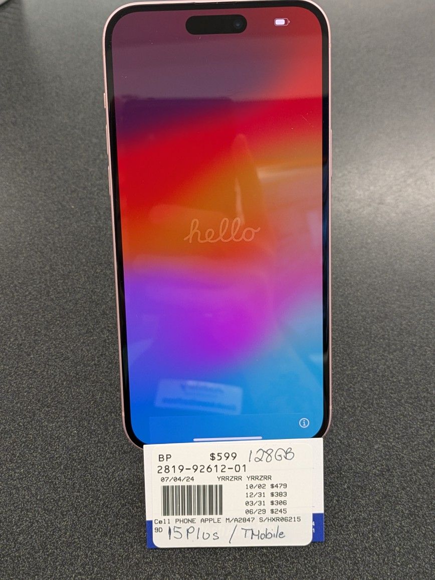 Pink Apple iPhone 15plus 128gb T-Mobile 