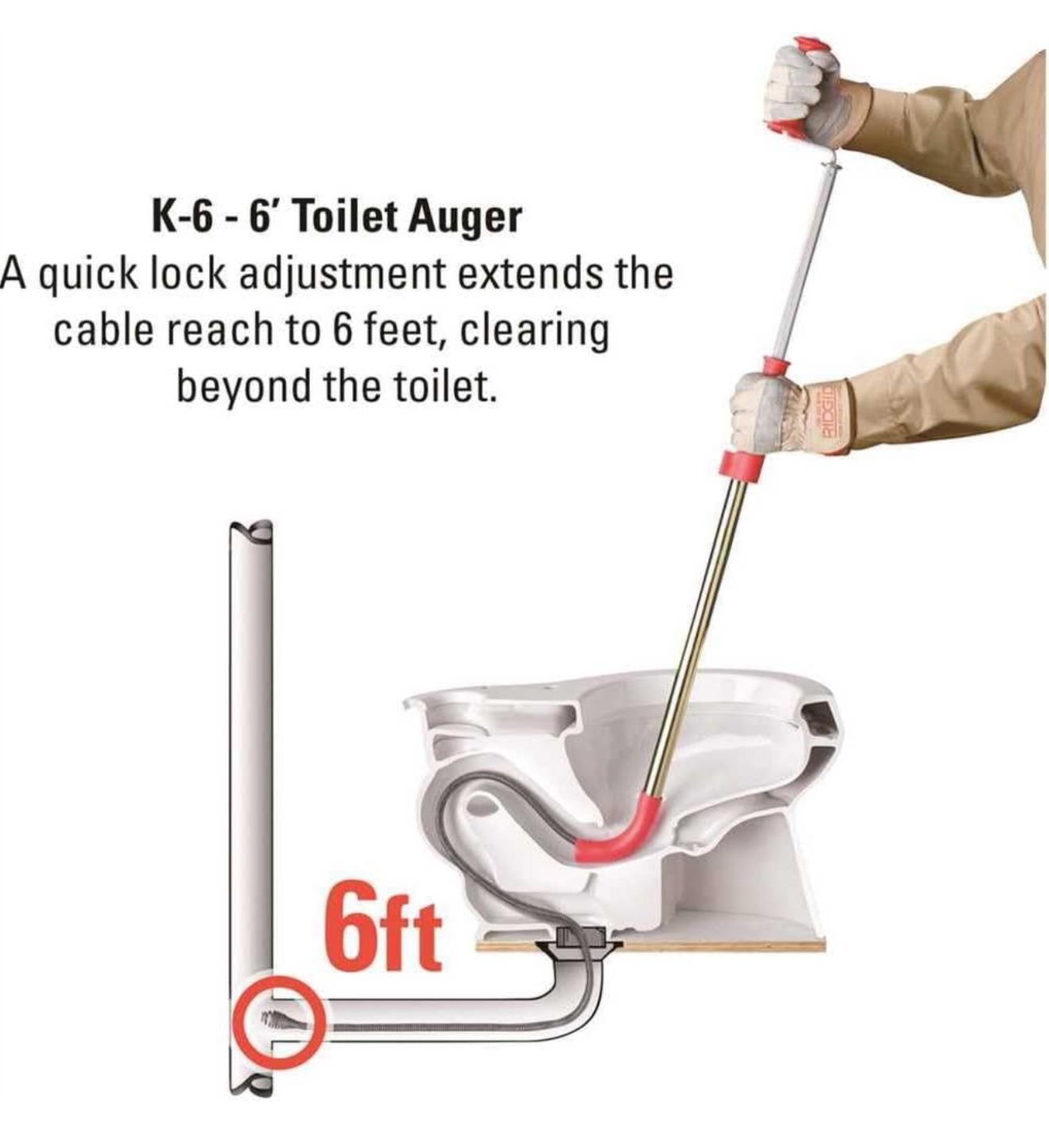 6’ RIDGID Toilet Snake Auger with Heavy-Duty Drop Head Plumber Plunger Stainless Steel Drain Clog