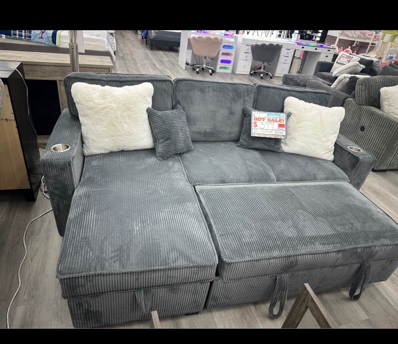 Corduroy Couch New In Box /usb And Cup Holders