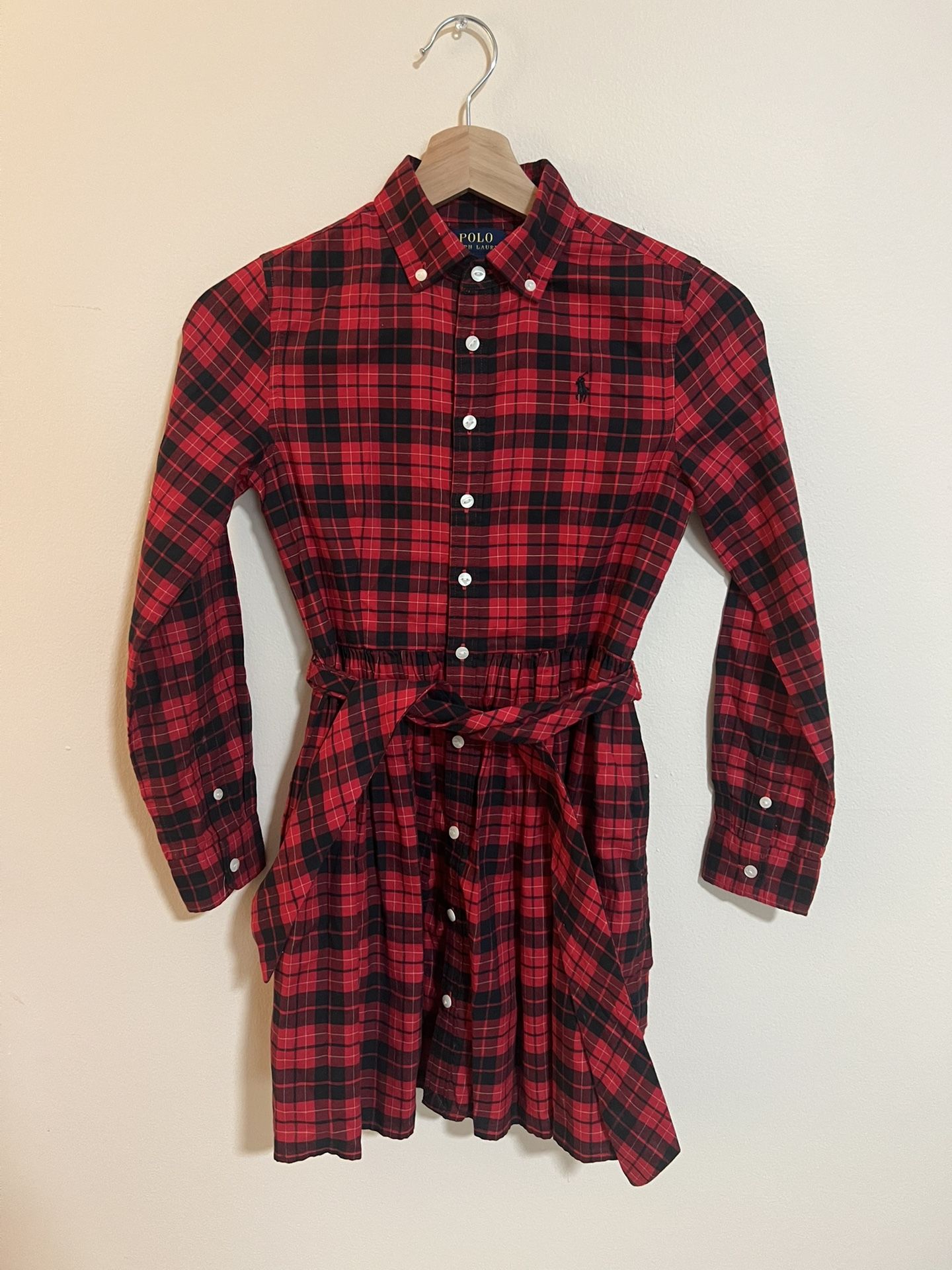Polo Ralph Lauren Big Girls Plaid Twill Shirtdress Black/Red Sz 10 -