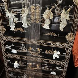 Black Lacquer Mother of Pearl Chinese Jewelry Armoire 