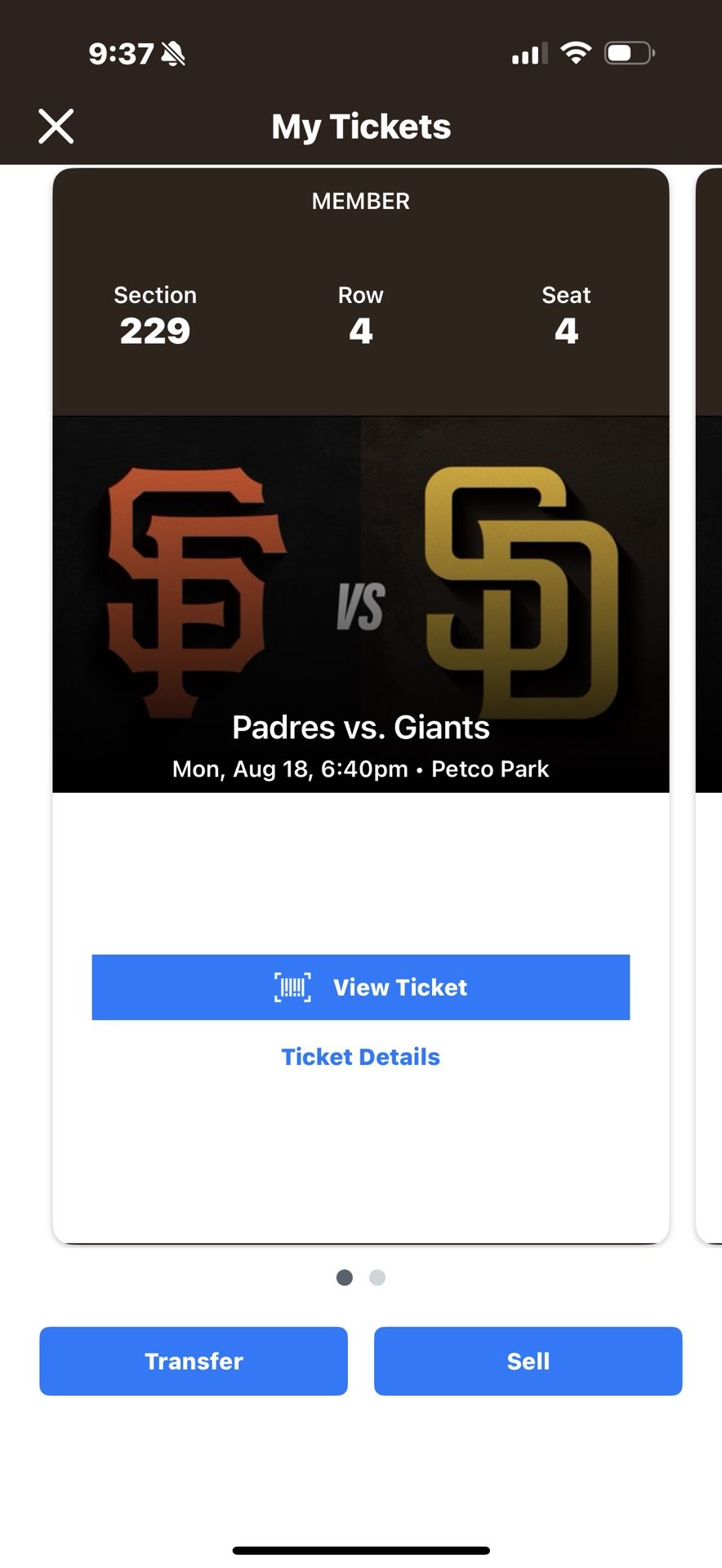Padres Vs Giants August 18th 2025 Section 229 Row 4 Seats 4-5