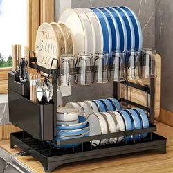 Double-Layer Dish Drying Rack with Drainer Tray - Kitchen Organizati