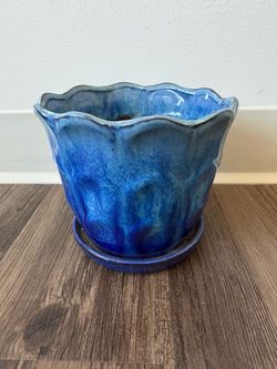 Blue Glazed Ceramic Planter with Saucer