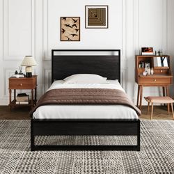 Twin Size Platform Bed Frame with Wooden Headboard and 13 Strong Steel Slats Support, Black Oak