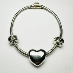 ✨ Authentic Pandora Moments Two-Tone Snake Chain Bracelet with 14K Gold Clasp, “Be Love” Heart Charm & Two Sterling Silver Stoppers ✨