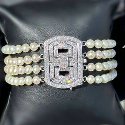 Art deco Vintage 14k white gold 2CTW Natural Diamond 4 strand freshwater Pearl bracelet