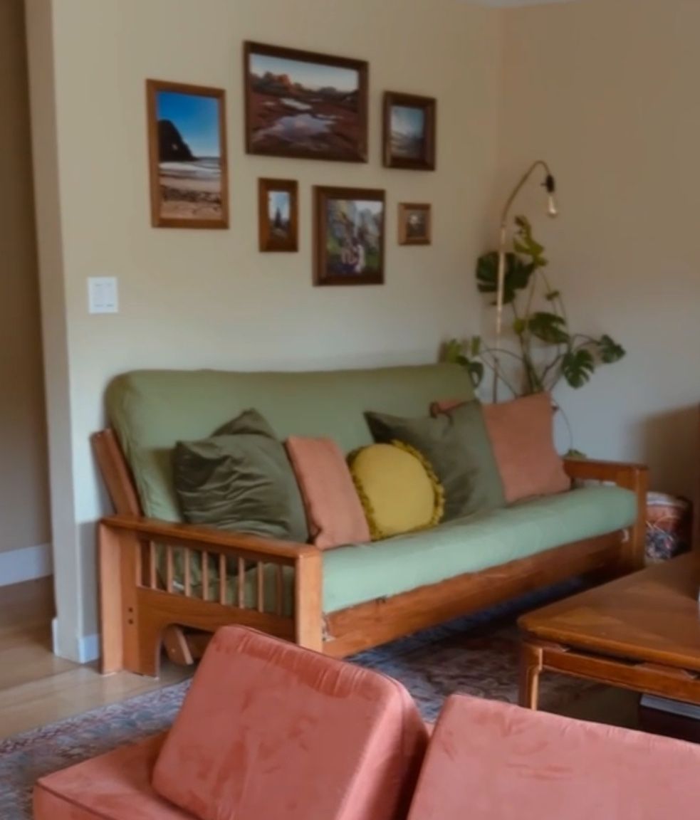 Mcm Wood Futon With Newer Full Mattress And 2 Covers 