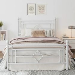 White Full Metal Bed Frame – Platform Bed with Headboard & Footboard