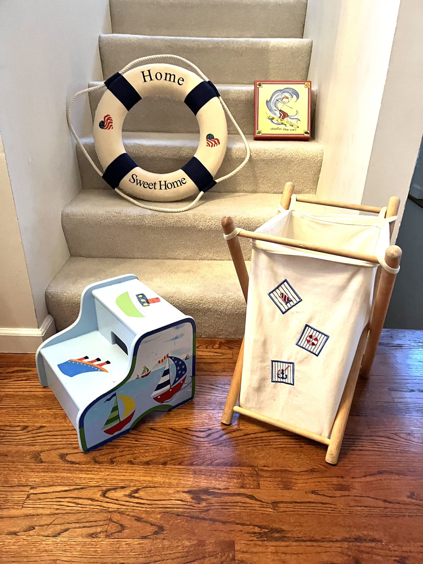 Kids Step Stool, Hamper, Wall Decor And Life Safety Ring ($35 For All)