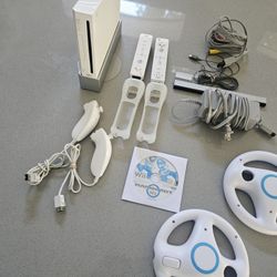 White Nintendo Wii Console, Accessories, & Mario Kart Game 