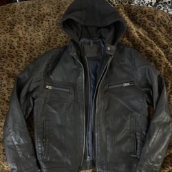 Men small faux leather hooded jacket