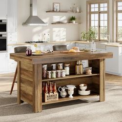 55" Kitchen Island with Storage, Farmhouse Stationary Island Table Counter Height Bar Table,Rustic Brown