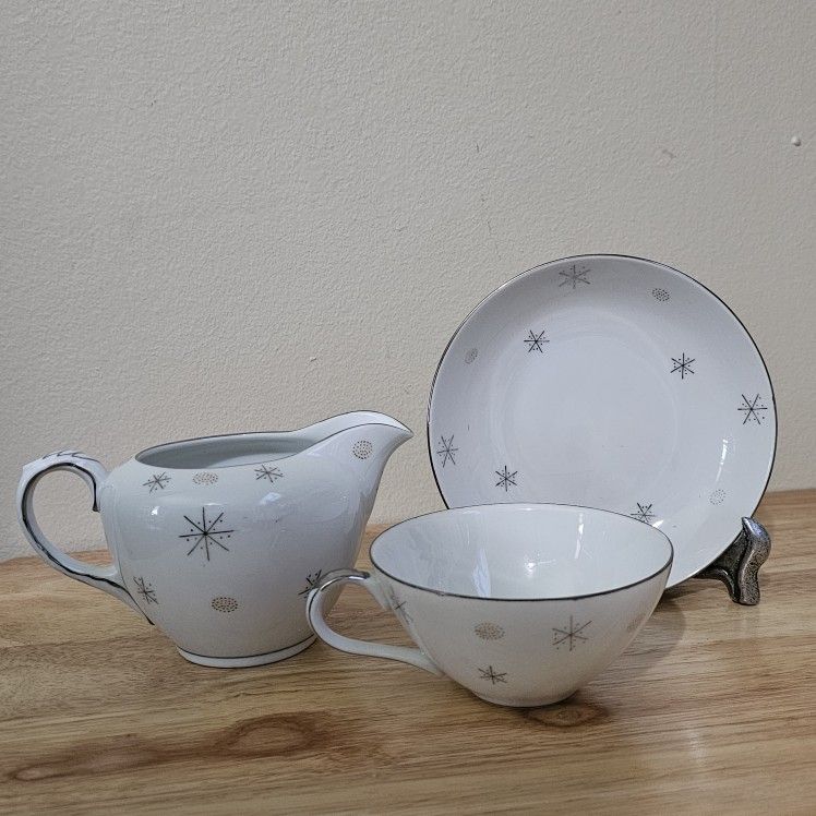 Vintage MCM Japanese China White Silver Gold Atomic Starburst Cup & Saucer Set / Creamer