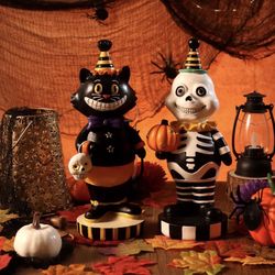 New Vintage Style Halloween Black Cat and Skeleton statues