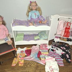 18" Dolls, Bunk Bed, Wardrobe, Sled,  Clothes And Shoes