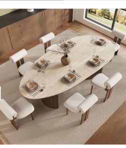 86.6” Oval Travertine Sintered Stone Dining Table 8-seater Walnut Full Support Curved Base