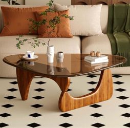 Brand New Modern Glass Coffee Table – Oak Wood Base, Triangle Design