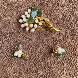 Vintage Pearl And Jade Brooch And Earrings Set