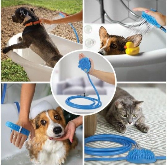 Pet Shampoo Bath Brush - Soothing Massage Soft Silicone Bristles for Long Short Haired Dogs & Cats Washing - Pet Grooming - With Hose and Shower Attac