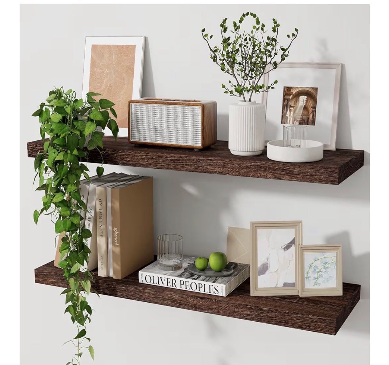 Marsmiles Wood Floating Shelves for Wall Set of 2, 24 Inch Wide Rustic Wooden Floating Shelves, Invisible Wall Mounted Display for Living Room Bedroom