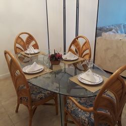 Rattan Chairs & Glass Dining Table