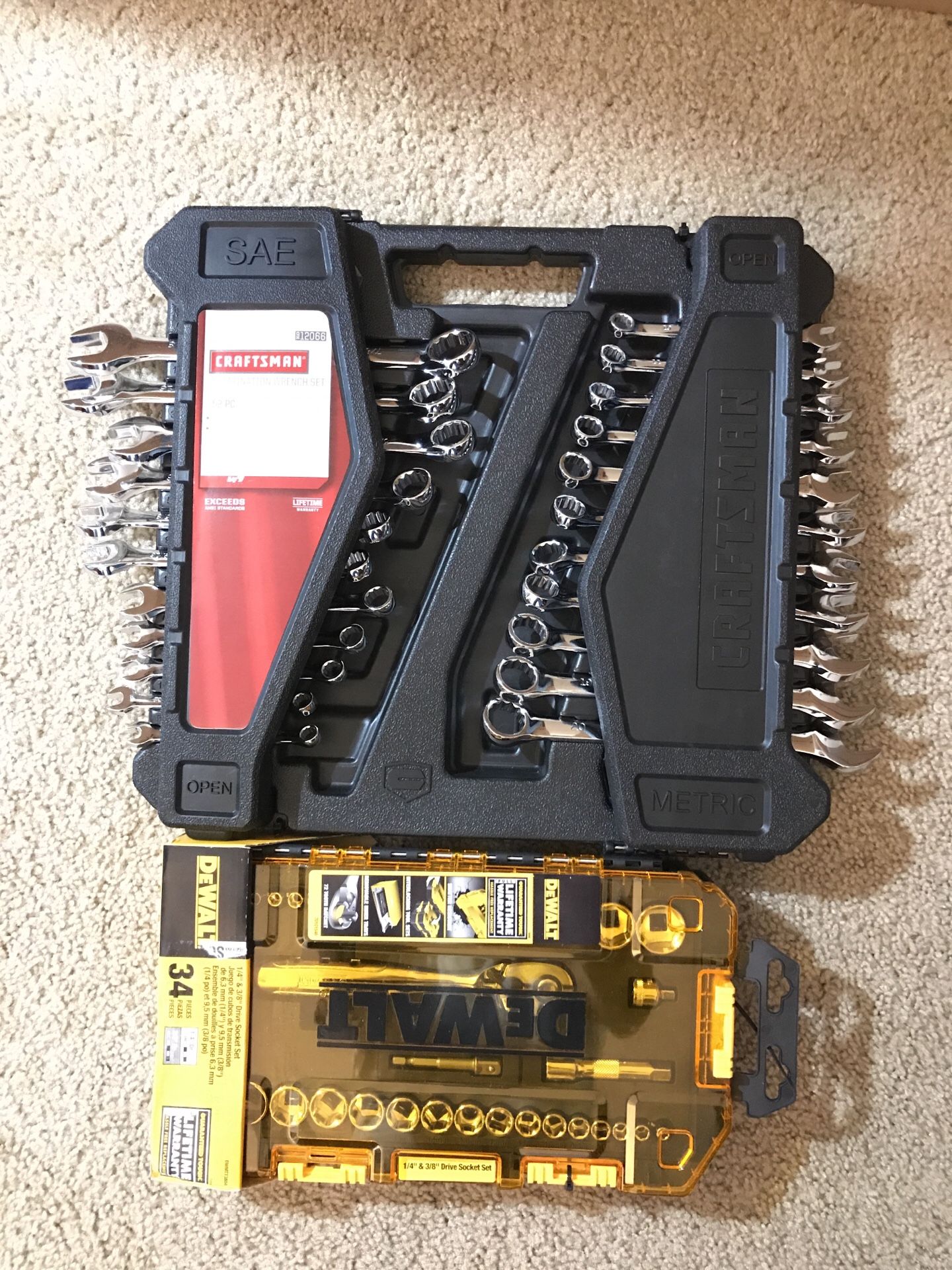 Craftsman 52 pc wrench set and Dewalt 34 pc drive socket set