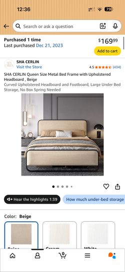 Queen size metal bed frame with curved upholstered headboard and footboard in beige. Large under-bed storage space, no box spring needed. Sturdy metal