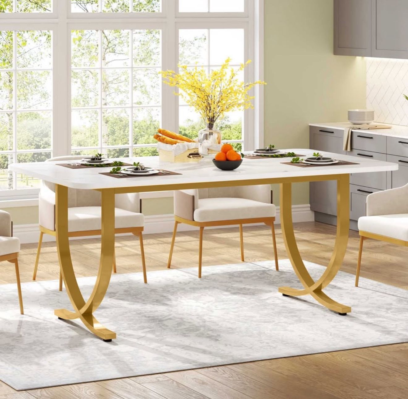 63” Modern Dining Table — Faux Marble Top, Gold Base (Seats 4)