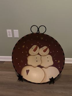 Large primitive snowman bowl with metal stand 