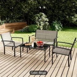 4pcs Patio Furniture Set, Modern Metal Outdoor Seating With Glass Top Table, Durable Metal Frame, Comfortable Mesh Back Chairs, Perfect For Garden And