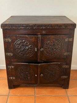 Antique Carved Wood Cabinet with Iron Hardware