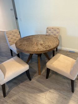 Round Dining Table Set with 4 Tufted Chairs – Rustic Wood Finish