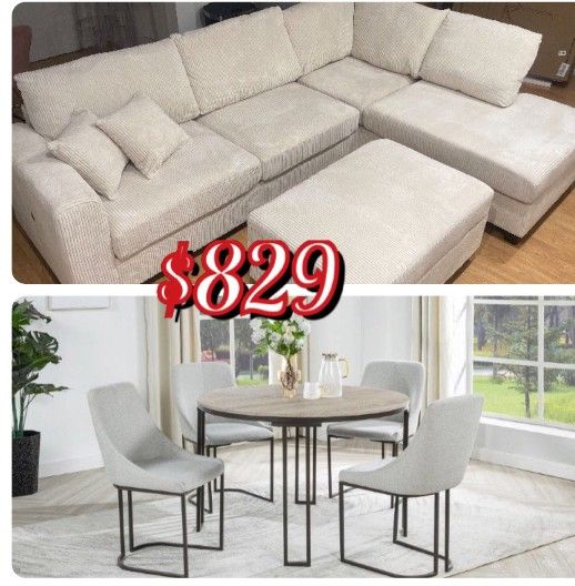 4-Pc Ivory Sectional Sofa With Storage Ottoman And Elegant 5-Pc Dining Table Set ($829‼️)