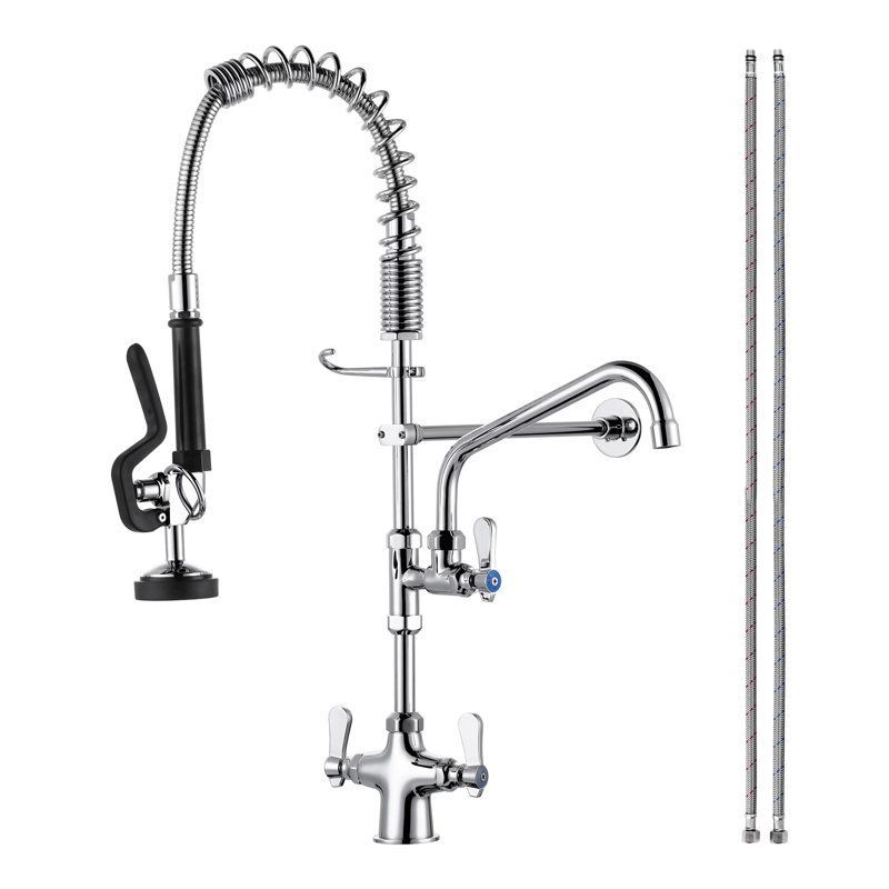 Brass Commercial Deck Mount Triple Handle Pull Down Sprayer Kitchen Faucet With Pre-Rinse Sprayer
